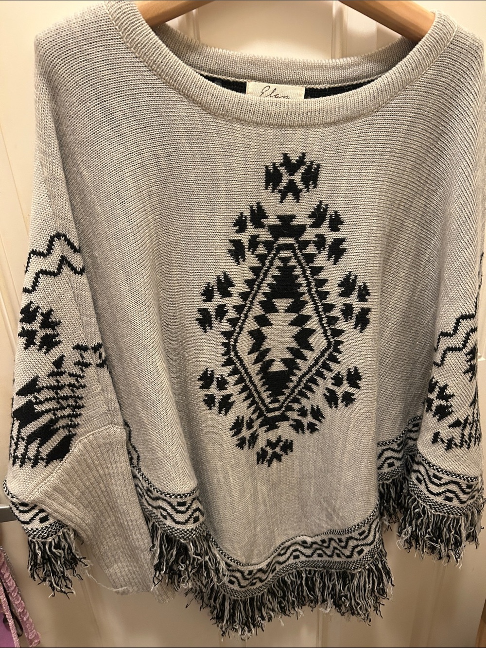 Elan Gray & Black Aztec Fringe Poncho Sweater